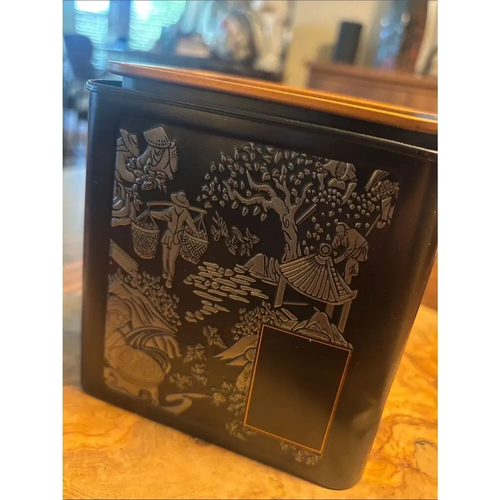 Black Decorative Asian-Inspired Tea Tin with Embossed Scene